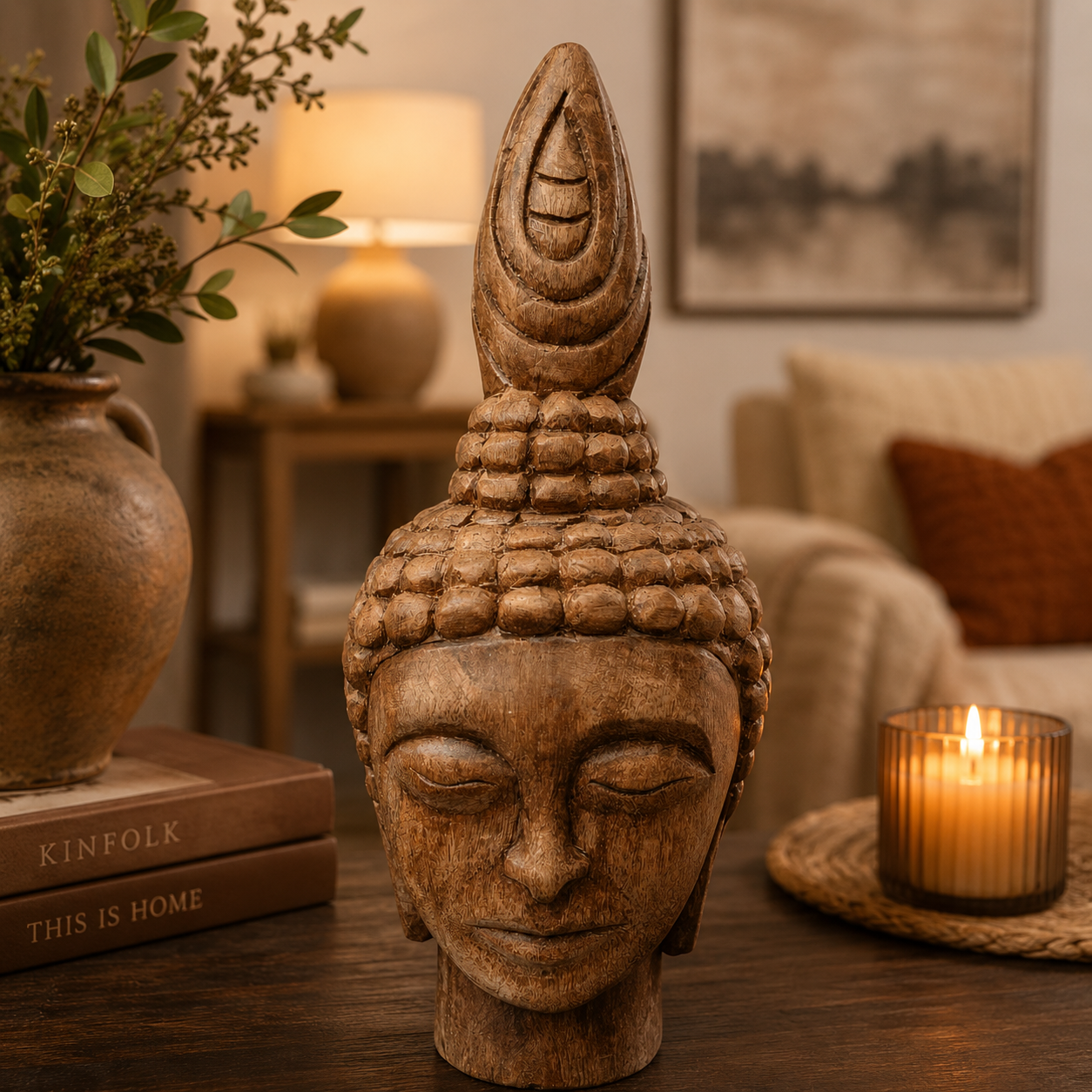 Zenwood Buddha Head Sculpture – Handcrafted Spiritual Décor Accent
