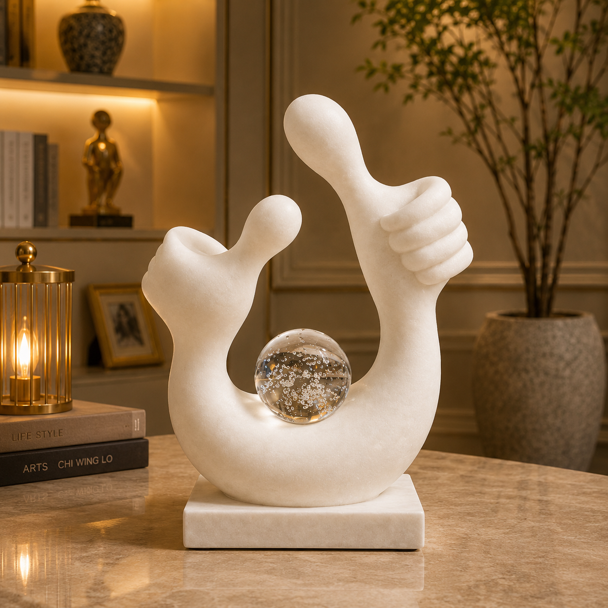 Eternal Affirmation Sculpture – Luxury Marble Thumbs-Up Decor with Crystal Sphere