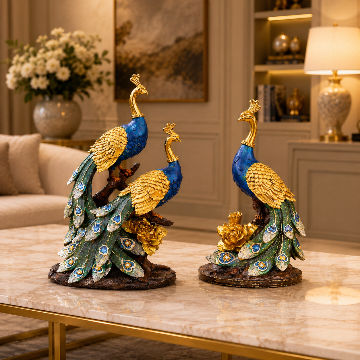 Royal Aura Peacock Figurine Set – Luxury Decorative Peacock Showpieces