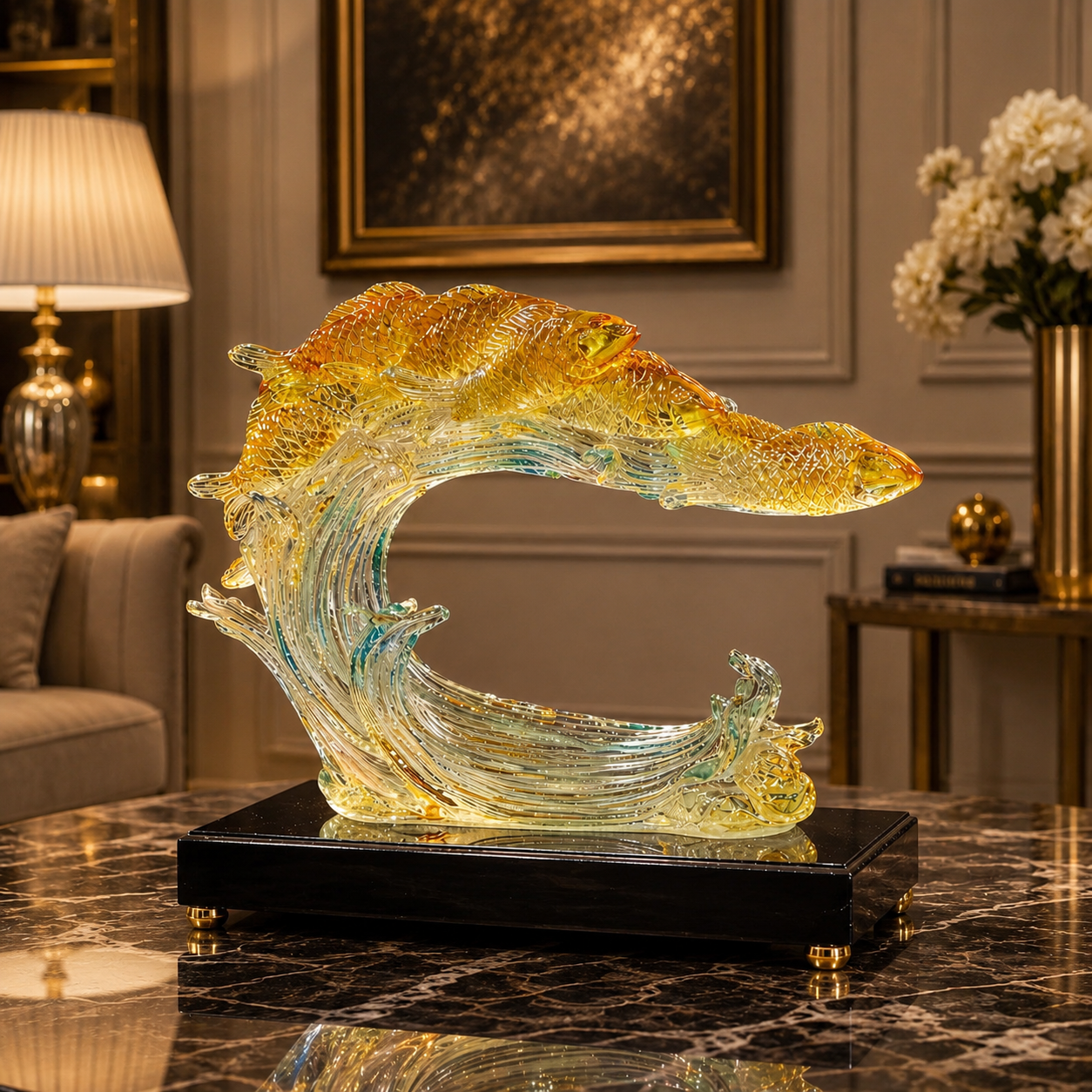 Golden Crystal Fish Wave Sculpture – Luxury Artistic Table Décor