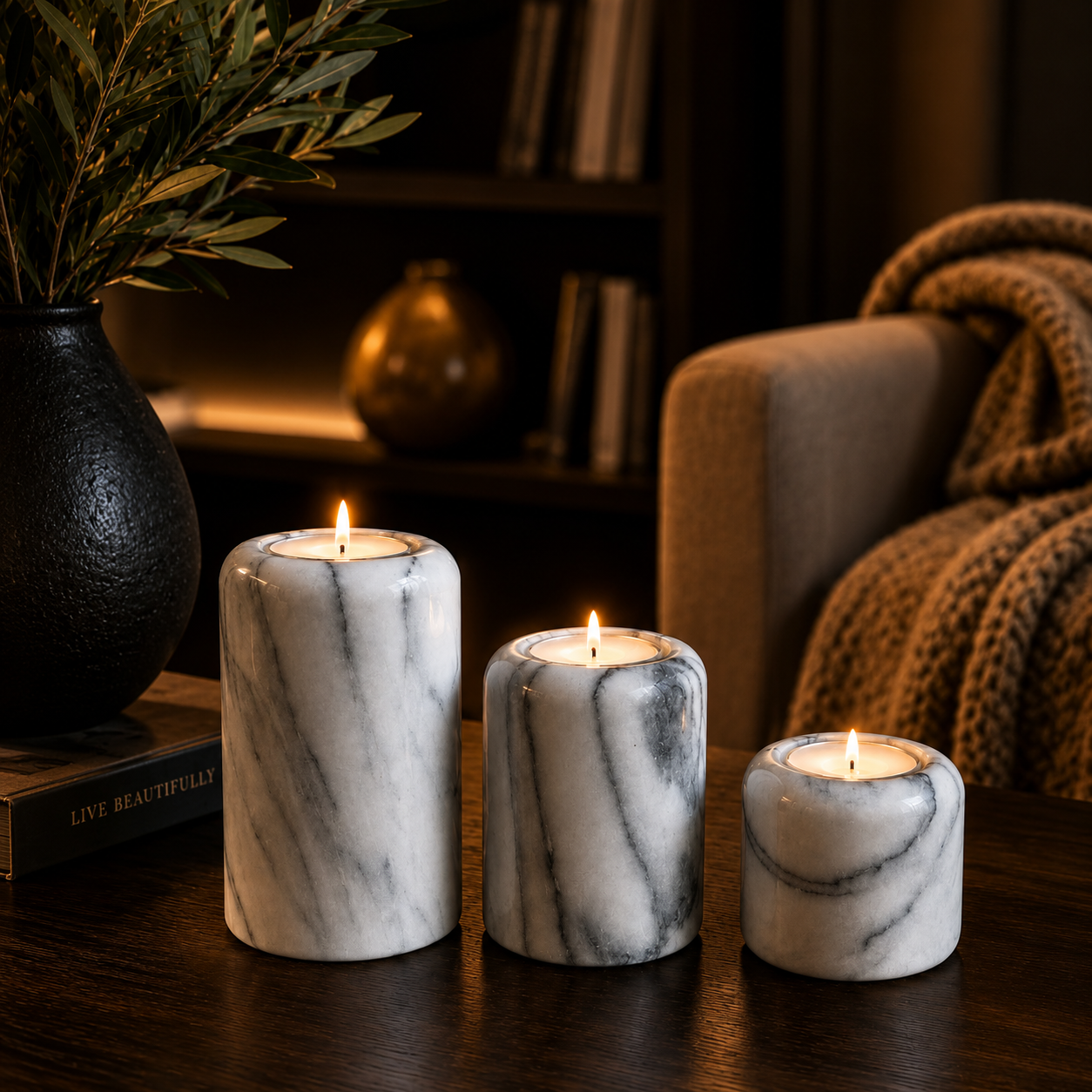 Marble Glow Candle Trio – Luxury Marble Candle Holder Set