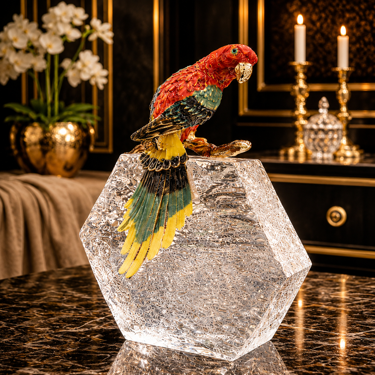 Royal Prism Parrot Sculpture – Luxury Crystal Parrot Decor Showpiece