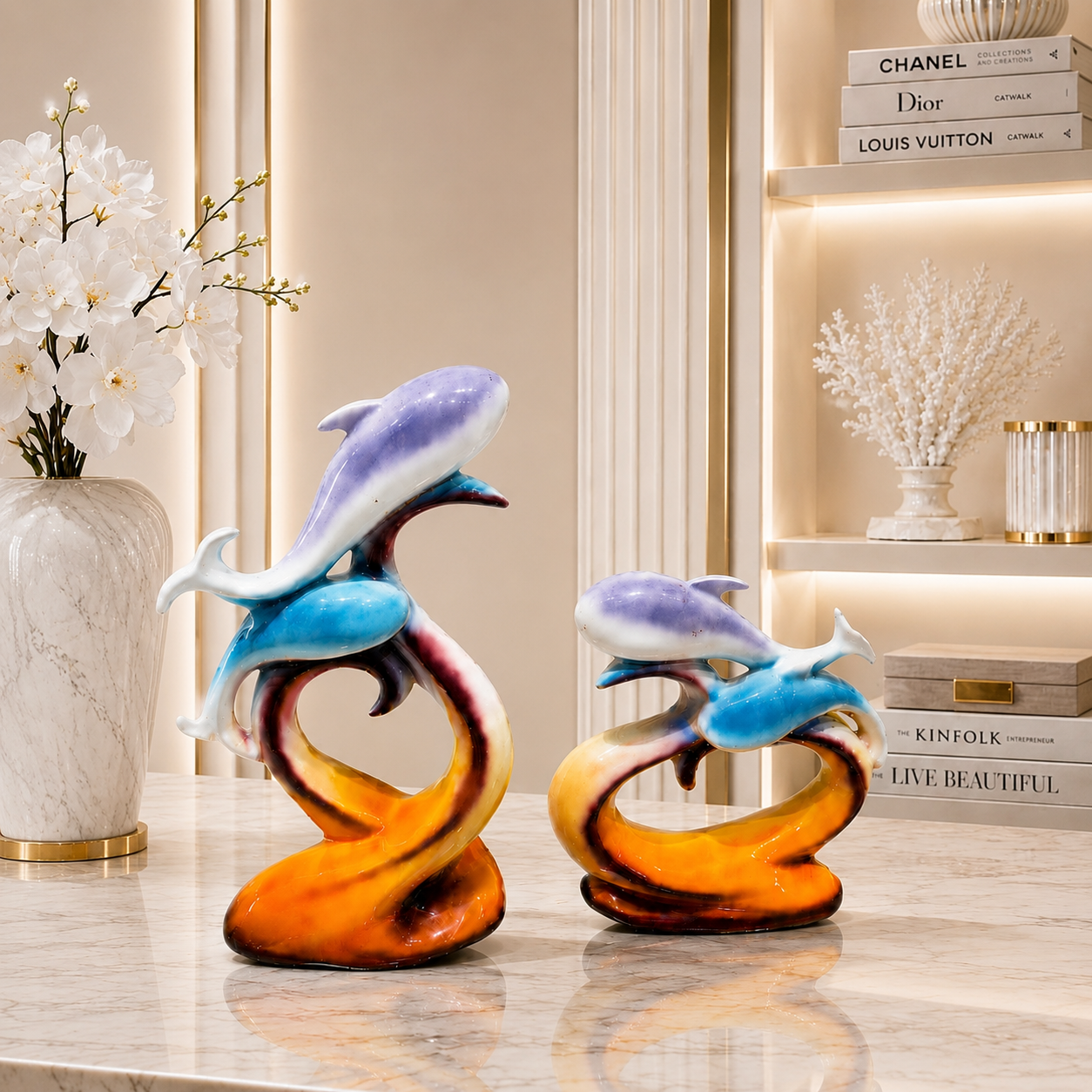 Ocean Whisper Dolphin Duo – Luxury Abstract Dolphin Sculpture Set