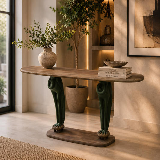 Luxury Elephant Console Table – Rustic Wooden Top with Artistic Animal Sculptural Legs