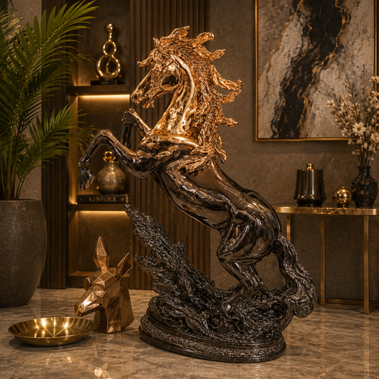 Luxury Golden & Black Rearing Horse Sculpture – Premium Equestrian Statement Décor for Home & Office