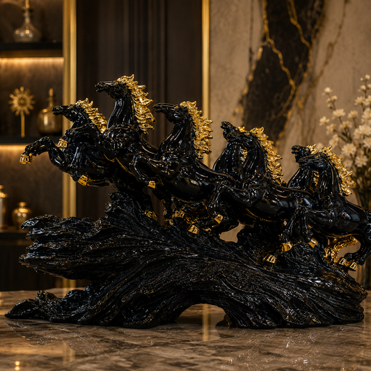 Luxury Galloping Horses Sculpture – Black & Gold Majestic Horse Group Figurine