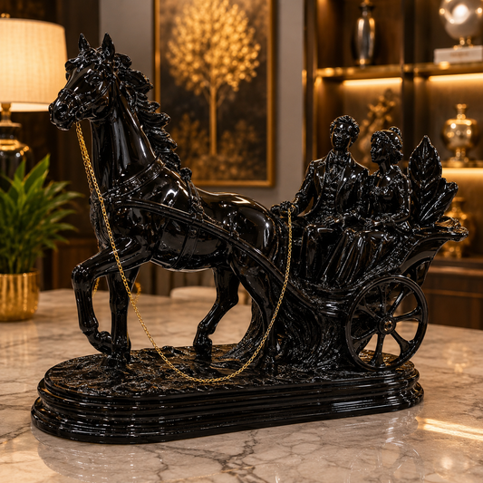 Luxury Horse-Drawn Carriage Sculpture – Elegant Black Horse & Royal Couple Figurine