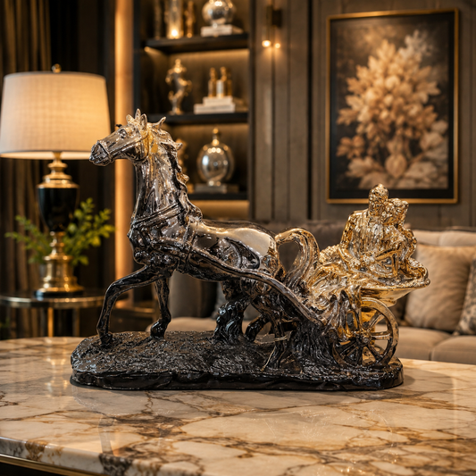 Luxury Silver & Gold Horse Chariot Sculpture with Ornate Seated Figure – Statement Home Decor