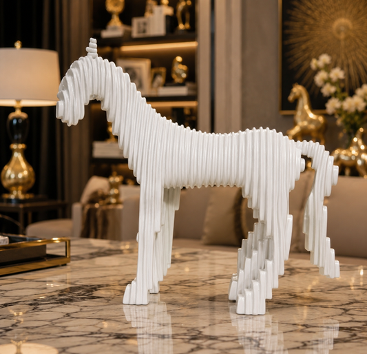 Modern White Ribbed Horse Sculpture – Minimalist Contemporary Tabletop Home Decor