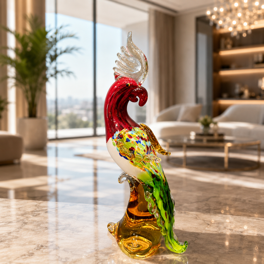 Red and Green Art Glass Crested Exotic Bird Figurine - M&I Home Decor