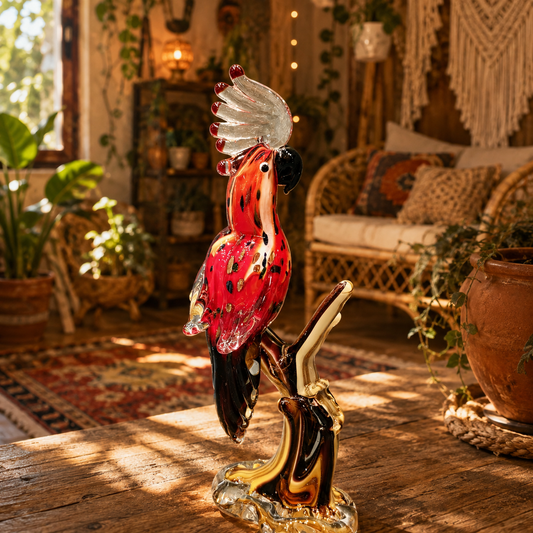 Red and White Art Glass Tropical Bird Figurine on Branch - M&I Home Decor