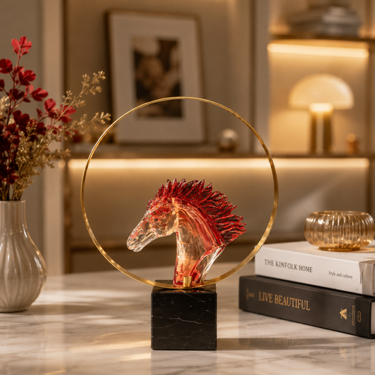 Red Art Glass Horse Head Sculpture in Gold Ring - M&I Home Decor