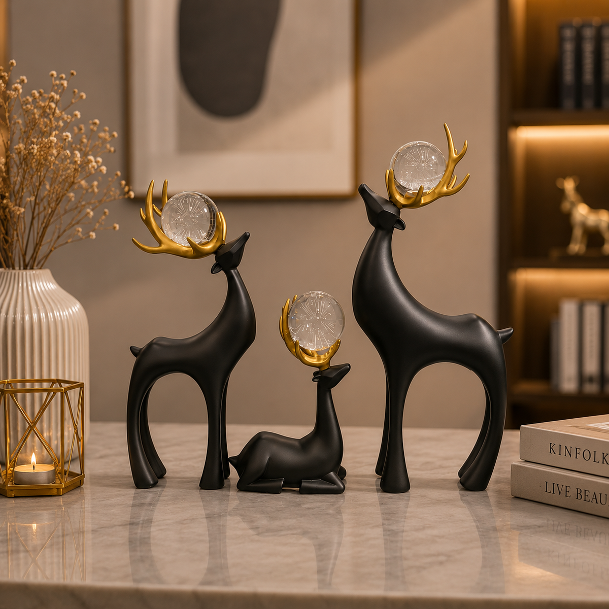 Black Deer Family Figurine Set With Gold Antlers - M&I Home Decor