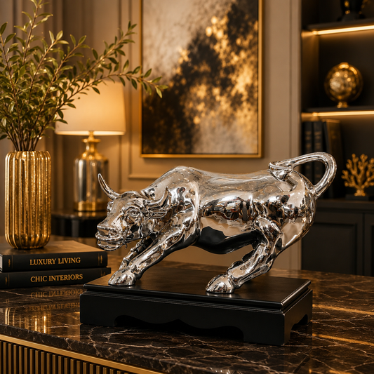 Silver Chrome Bull Figurine Sculpture on Black Base - M&I Home Decor