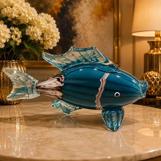 Teal Blue Art Glass Fish Figurine With White Stripe - M&I Home Decor
