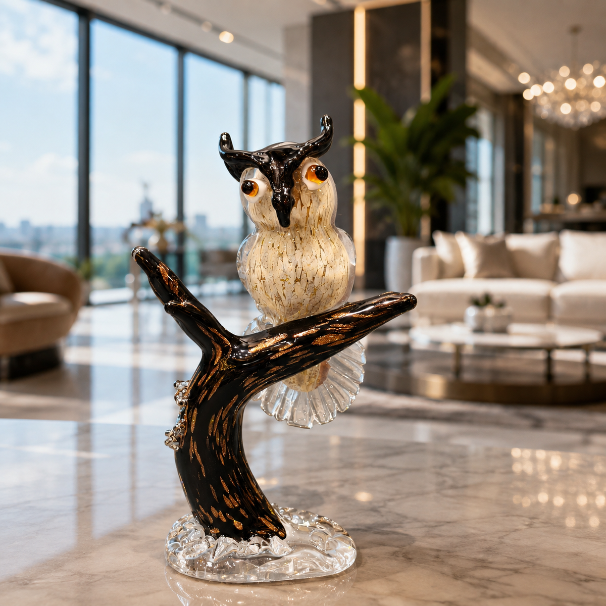 Black and White Art Glass Owl on Branch Figurine - M&I Home Decor