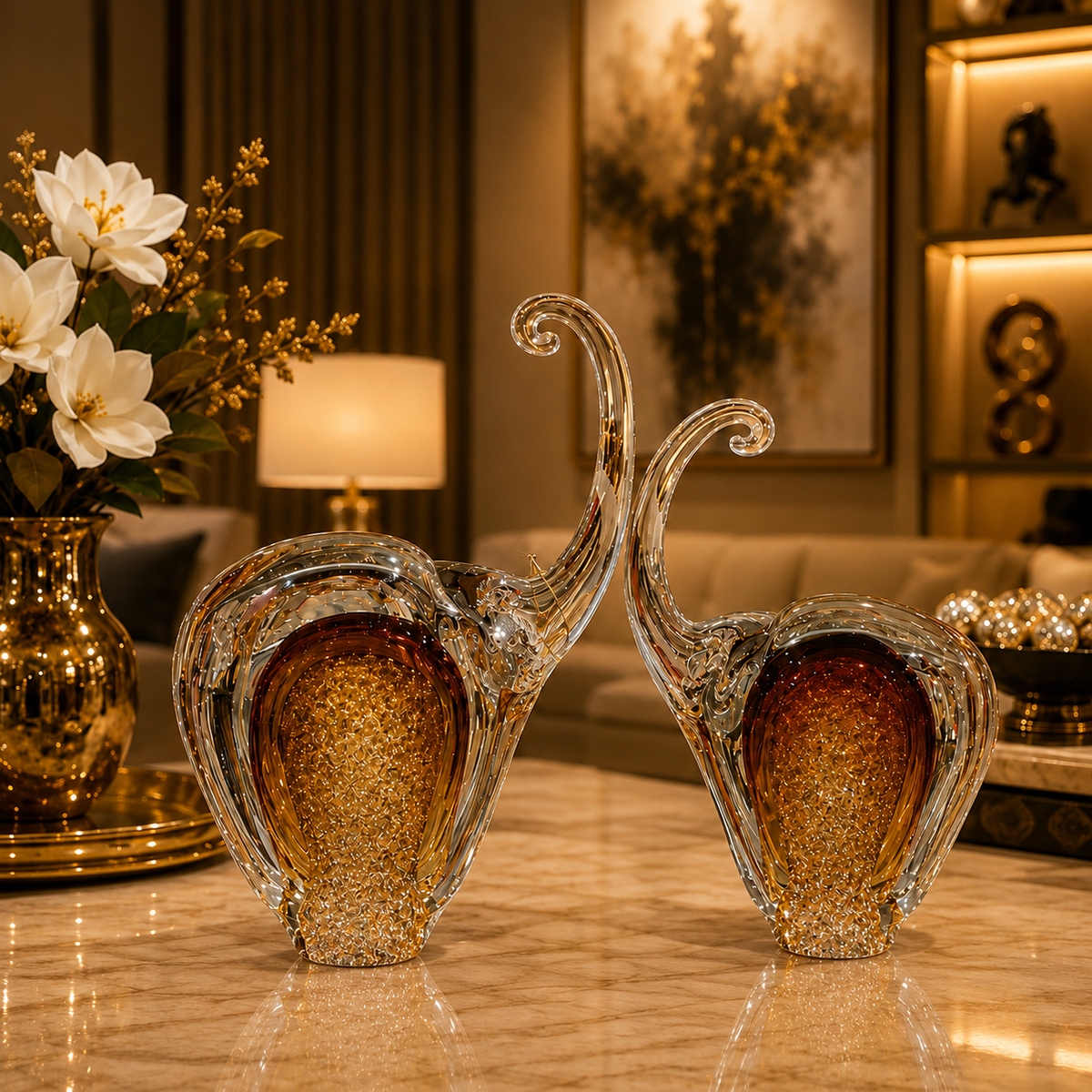 Amber Art Glass Decorative Ornament Pair With Curled Stems - M&I Home Decor