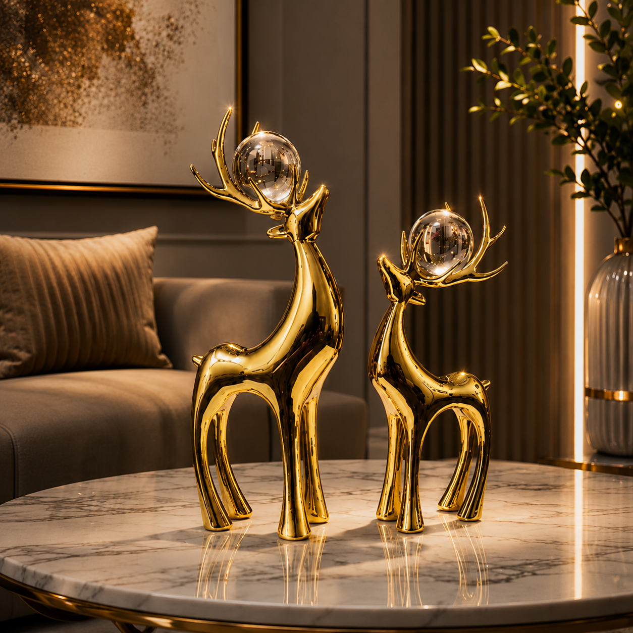 Celestial Stag Duo Sculpture Set – Luxury Gold Deer Figurines with Crystal Sphere