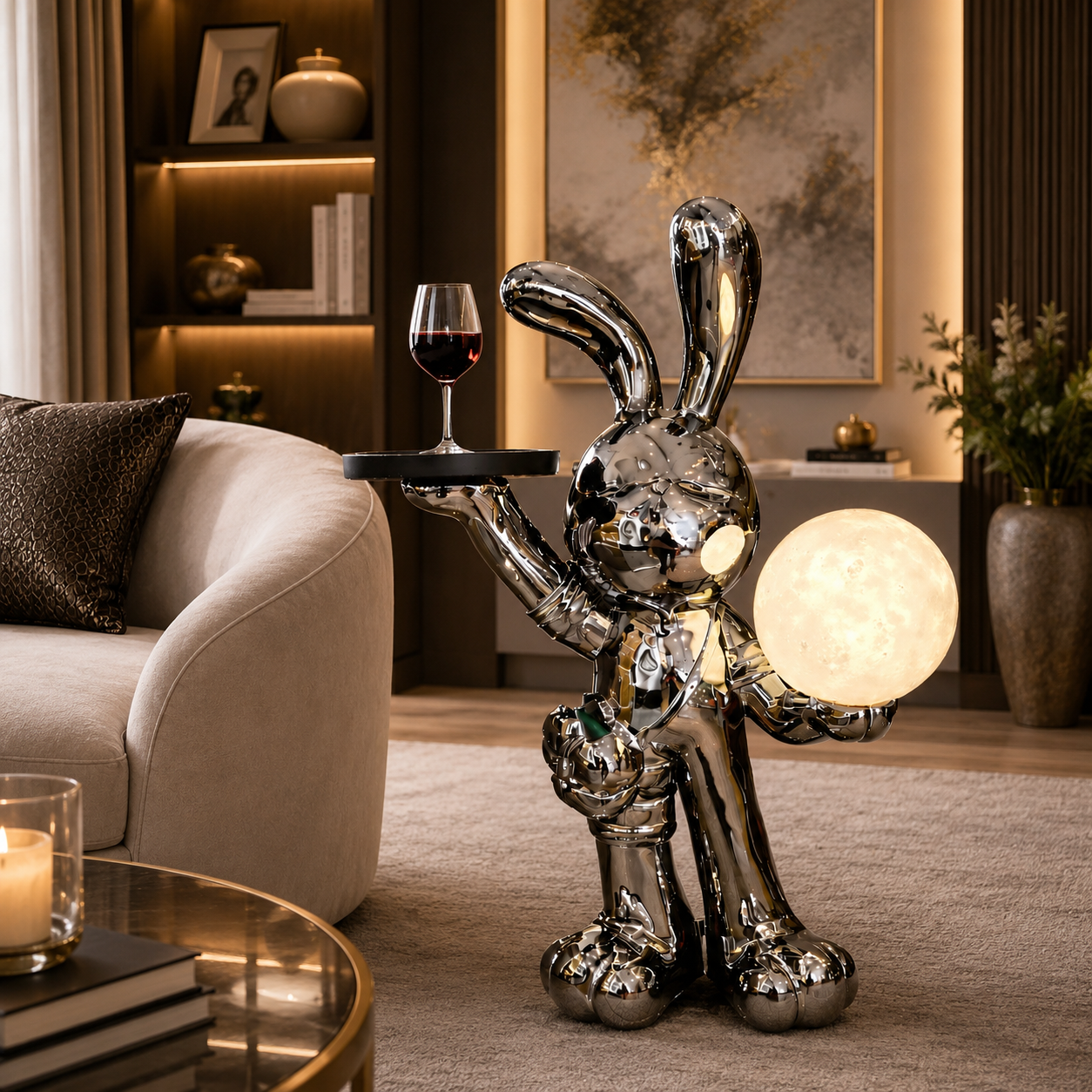 Luna Butler Bunny Lamp – Luxury Rabbit Side Table Sculpture with Moon Light