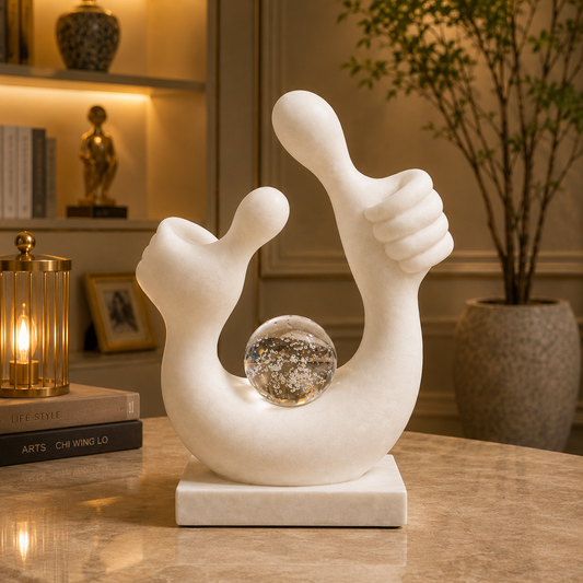 Eternal Affirmation Sculpture – Luxury Marble Thumbs-Up Decor with Crystal Sphere
