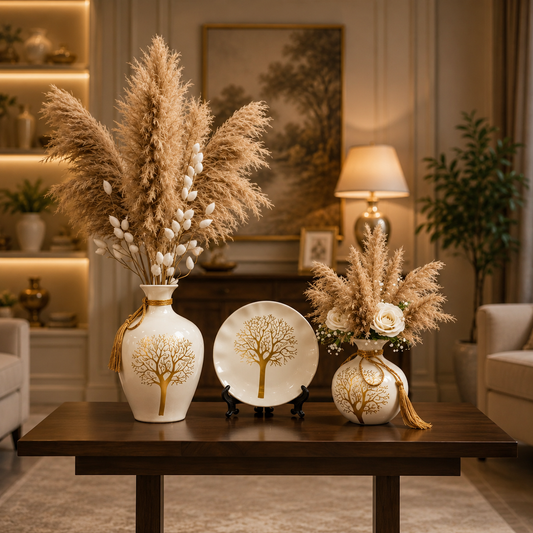 Golden Tree of Life Ceramic Vase Set – Luxury Decorative Table Accent Collection