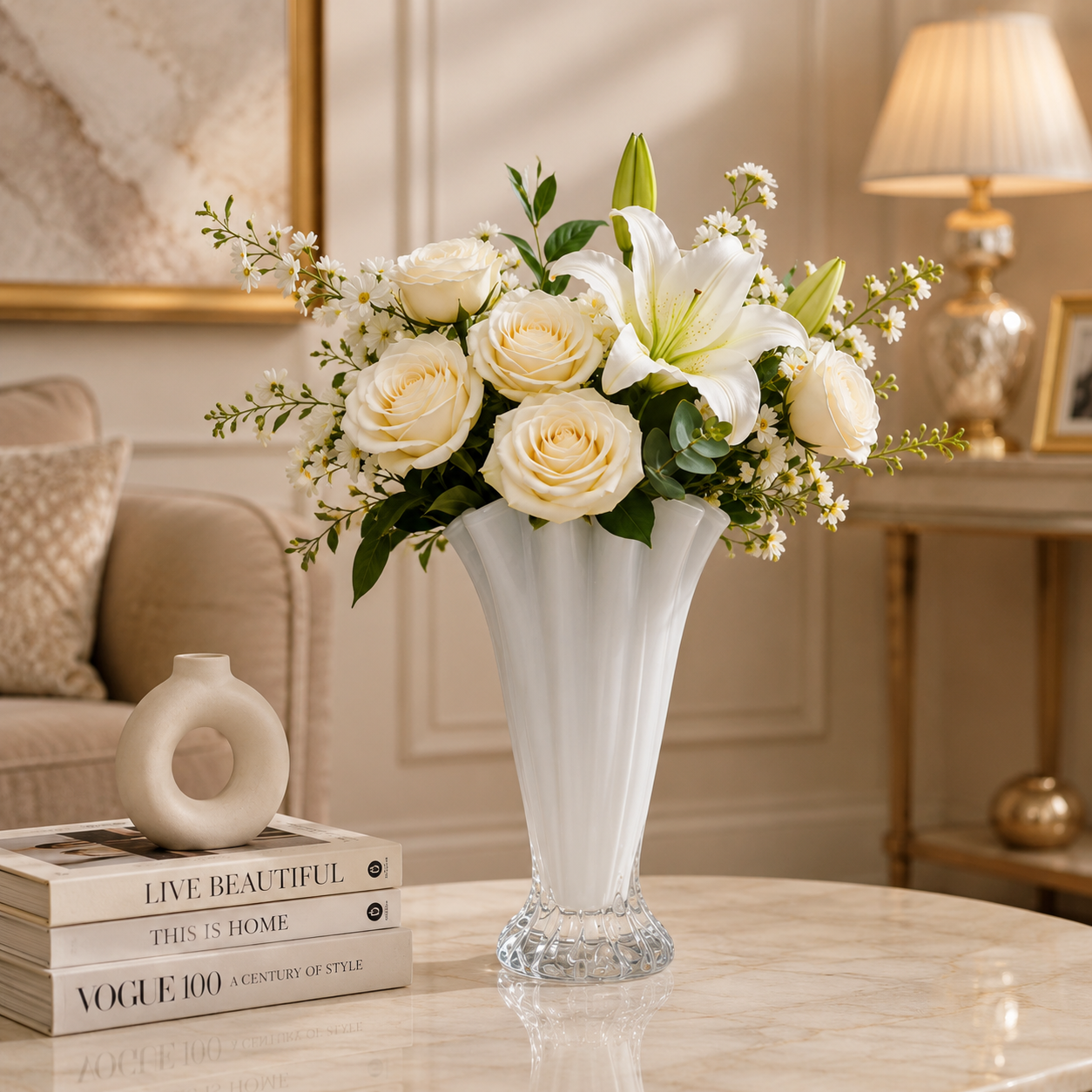 Luxury Fluted Glass Flower Vase – Elegant Ivory Decorative Centerpiece