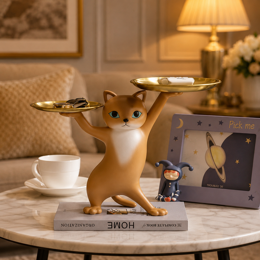 Luxury Cat Butler Tray – Decorative Resin Organizer Statue with Dual Metal Trays