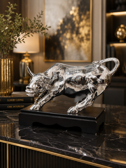 Luxury Charging Bull Sculpture – Black & Copper Metallic Finish Tabletop Home Decor